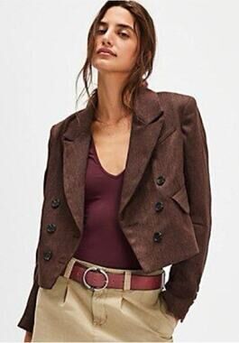 New Free People Betty Double-Breasted Blazer $168 LARGE Brown Vintage Style